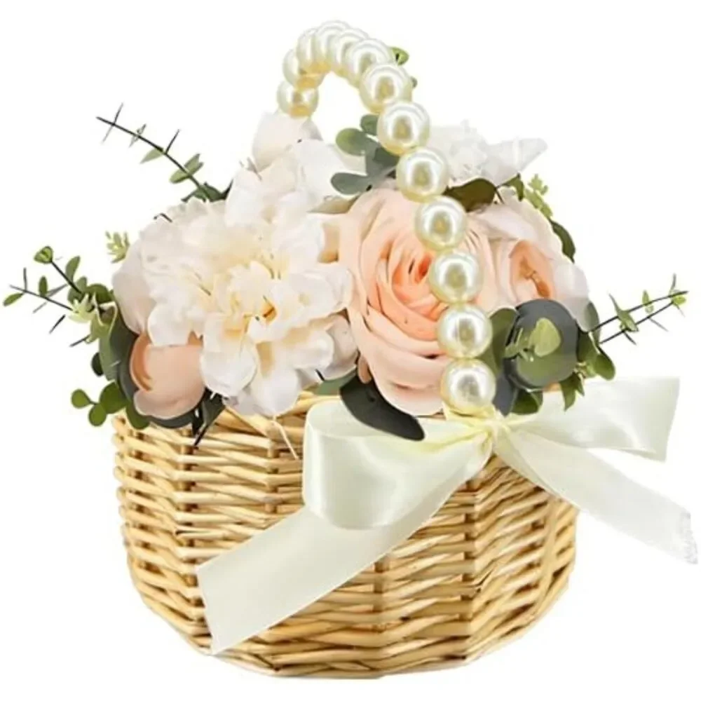 Wicker Rattan Flower Girl Basket With Bows Pearl Handle Flower Basket